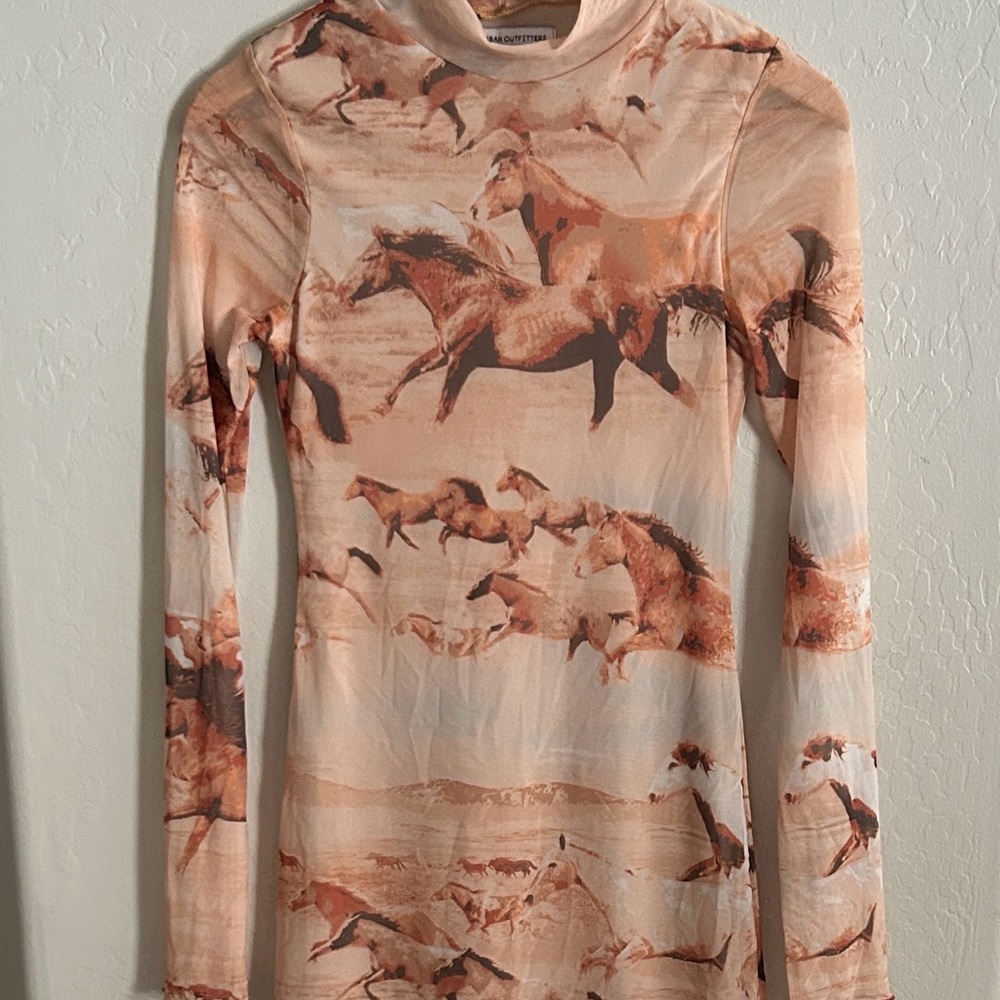 Urban Outfitters, Horses Print, Mesh, Long Sleeve, Mock Neck, Mini Dress